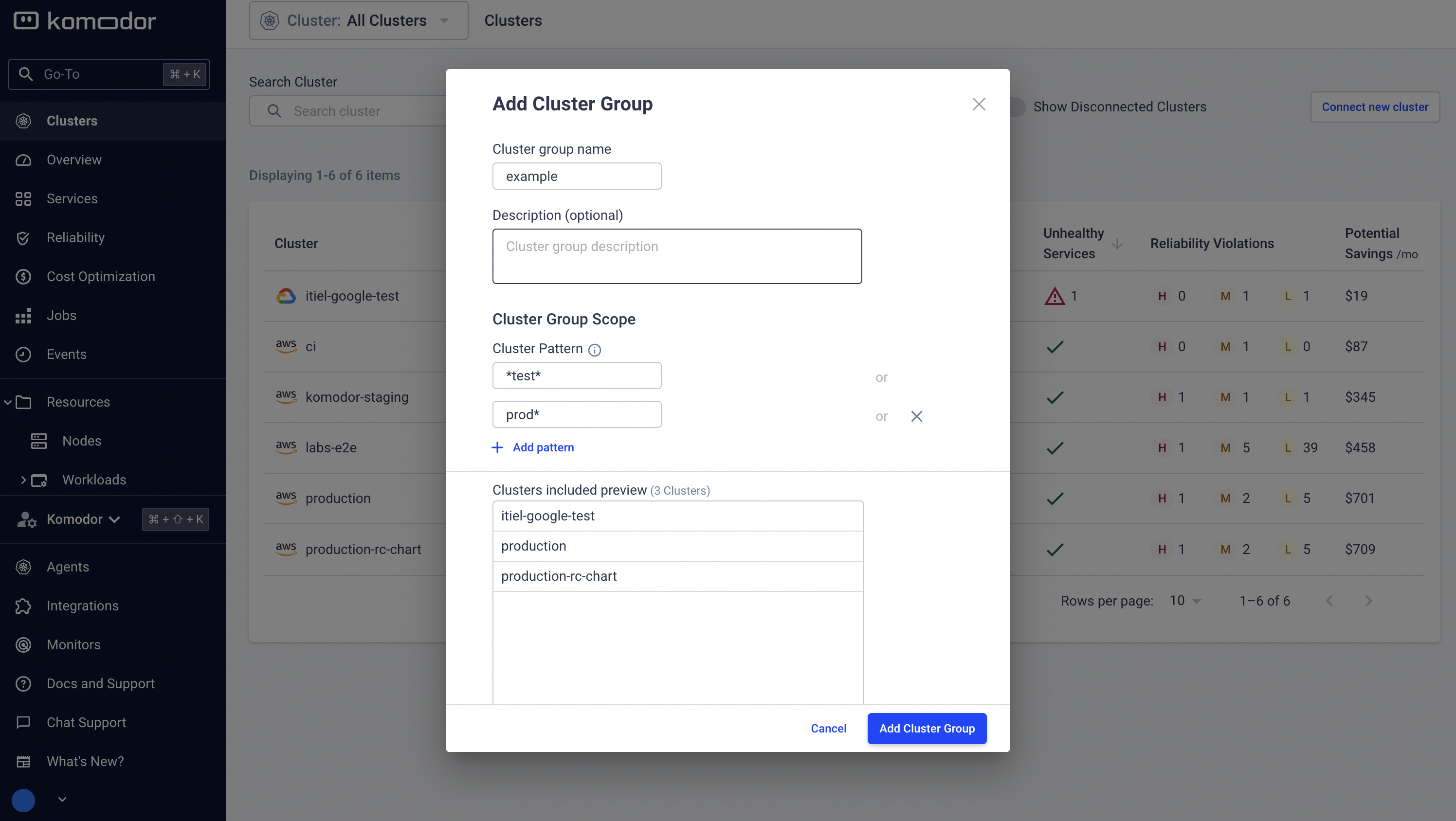 cluster group creation modal.png